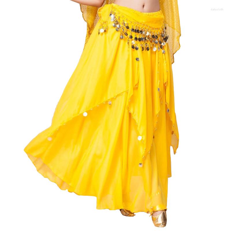 

Stage Wear 8 Colors Solid Dancewear Women Bollywood Dance Chiffon Skirt Elastic Waist Long Belly Coin Skirts, Pink