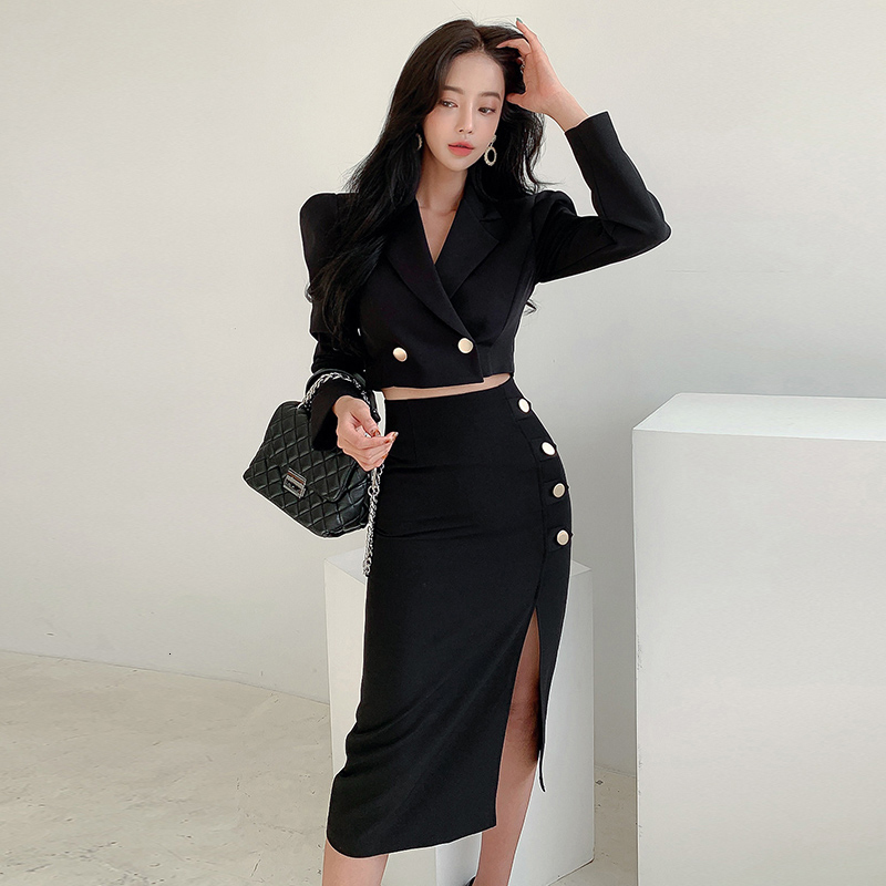 

Two Piece Dress Spring Autumn Black 2 Pieces Set Women Lady Chic Temperament Formal Casual Short Cropped Coat High Waist Skirt Slim Outfit Suits 230317