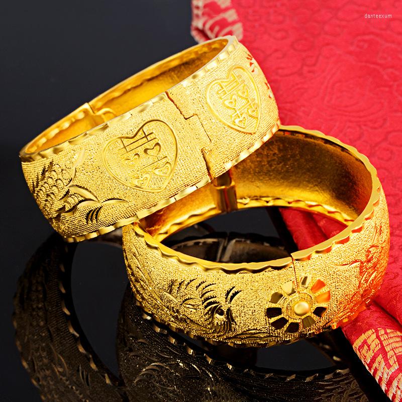 

Bangle 999 Yellow Gold Dragon Phoenix Double Happiness Bracelet For Women Brass Bride Wedding Jewelry Bangles Gifts