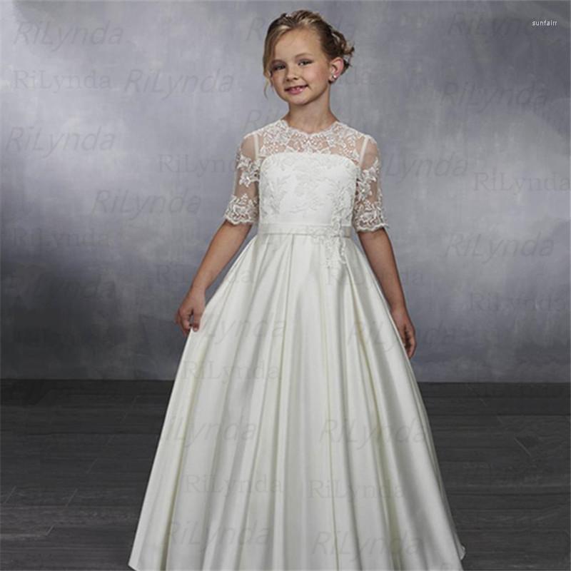 

Girl Dresses Lace Appliqued Flower Cute First Communication Dress Long Birthday Formal Party Wedding Gown, Pink