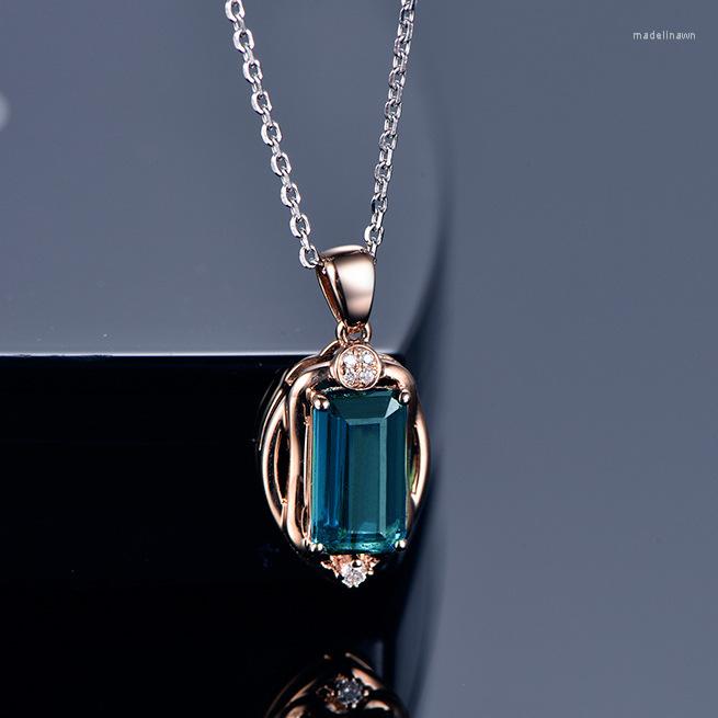 

Chains Exquisite Rectangular Fashion Simulation Color Blue Tourmaline Treasure Pendant Female 18K Rose Gold Necklace Jewelry