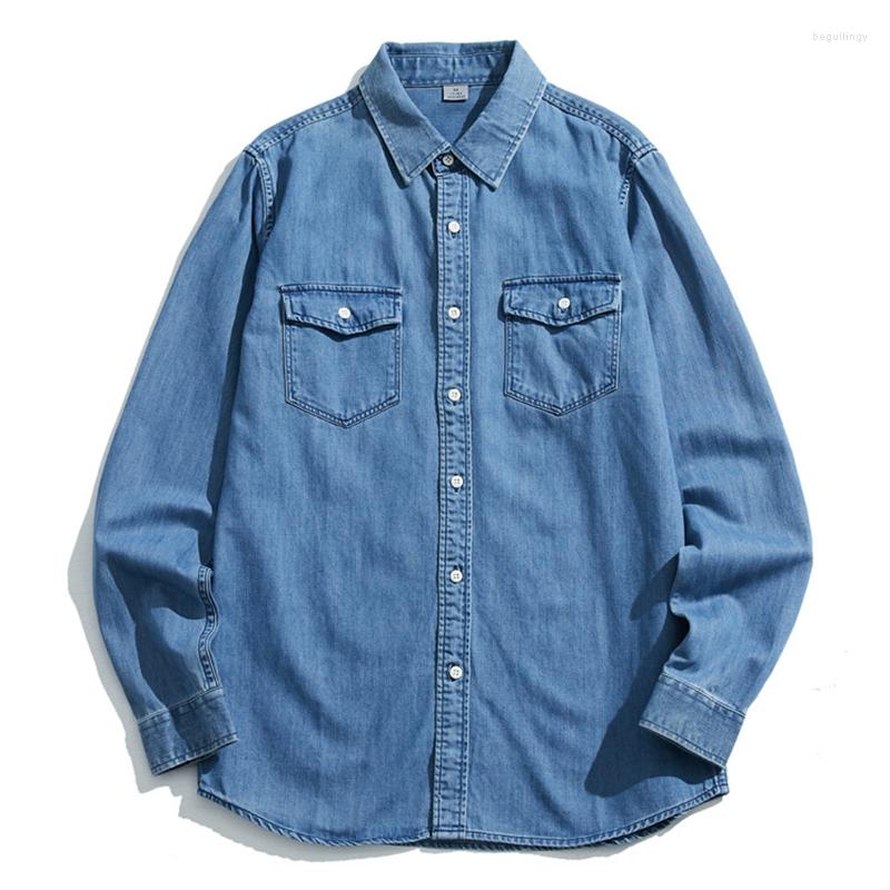 

Men's Casual Shirts High Quality Men's Tooling Denim Shirt Jacket Spring Autumn Japanese All-match Double Pocket Jean Classic Brand, Dark blue
