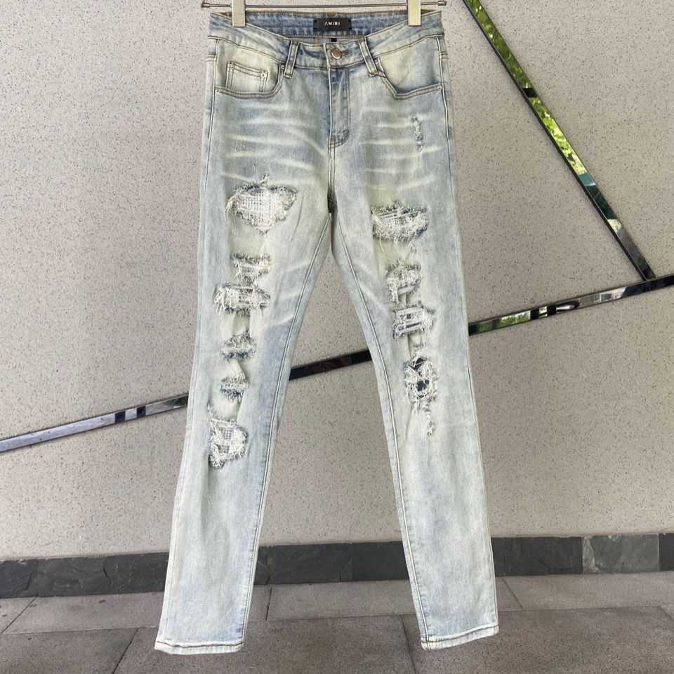 

Jeans Mens Am1r1 Trousers Pants Mirri Ripped Fashion Designer Brand New Men's White Embroidery Patch Elastic Slim Denim Hip Hop High AB12, Light blue