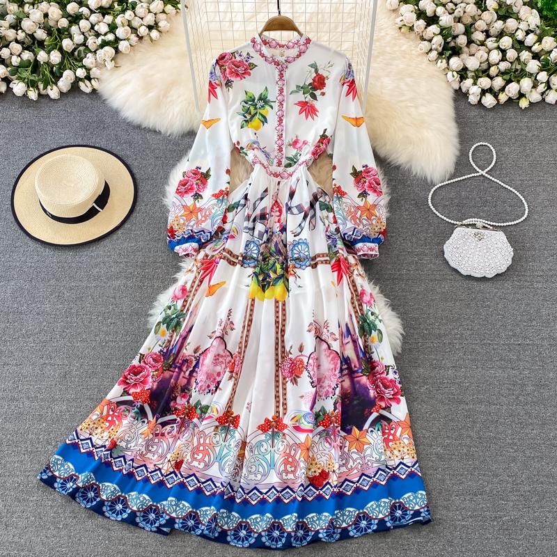 

Casual Dresses 2023 Spring Summer Women Big Gown Chiffon Fashion Elegant Priting Stand Collar Single Breasted Long Sleeve A Line Maxi Dres, Mixed color