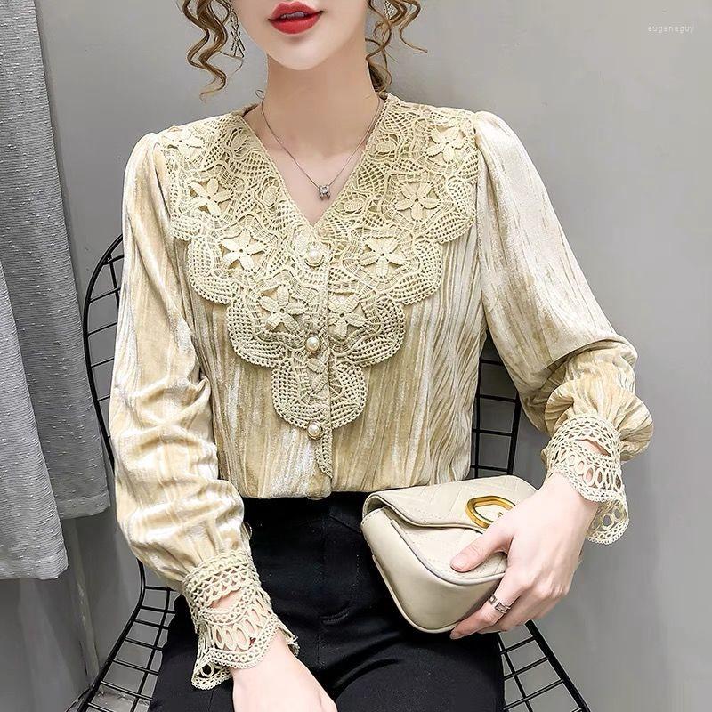 

Women's Blouses Three Colors Fairycore Style Lace V-neck Bubble Sleeve Golden Velvet Flower Printing Women Shirt Silky Pearl Button Plus, Beige
