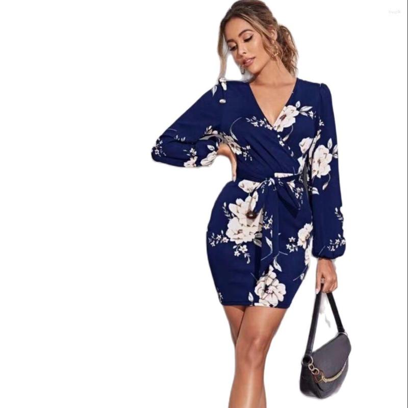 

Casual Dresses Autumn V-neck Slim Waist Vintage Printed Female Dress Long Sleeve Hips Elegant Office Lady Sexy Women' Mini, Black