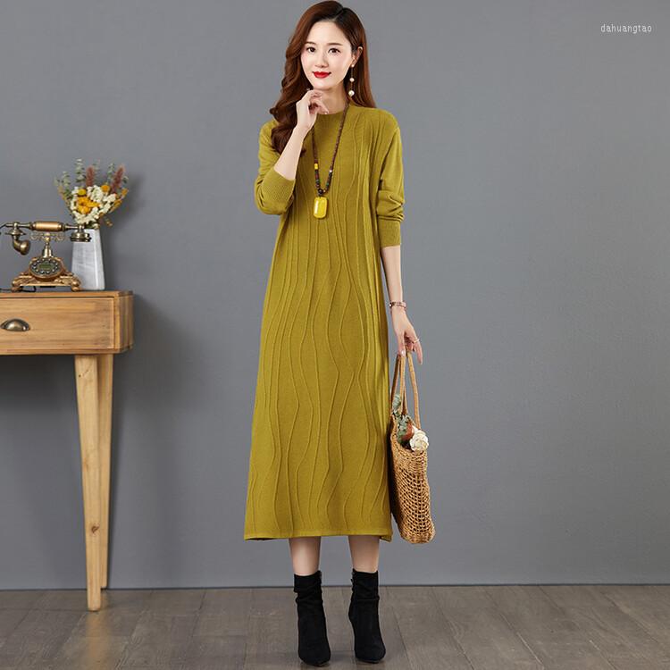 

Casual Dresses 2023 Autumn Winter Women's Long Sweater Dress O-neck Knitted Warm, Yellow