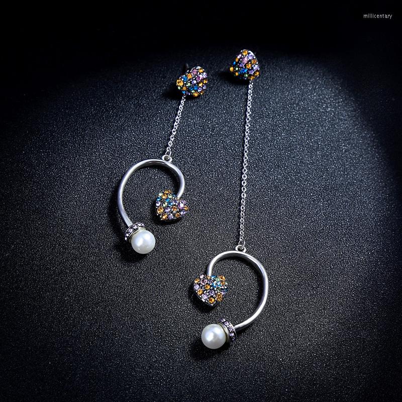 

Dangle Earrings Korean Fashion Jewelry Silver Color Long Acrylic For Women Sweet Crystal Imitation Pearl Heart