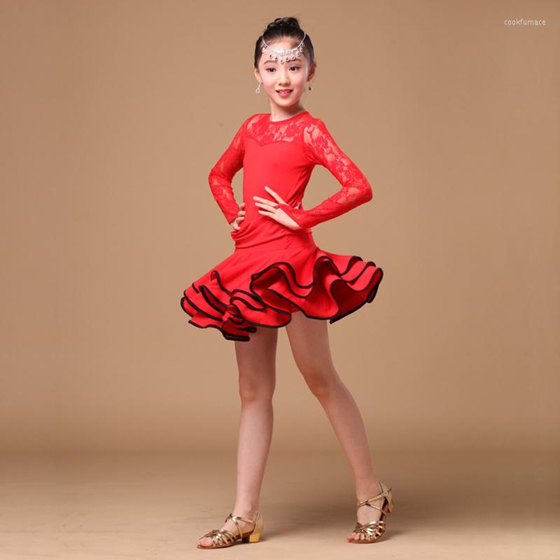 

Stage Wear 8-16 Years Children Dancewear With Long Sleeves Lace Latin Dresses For Girls Dress, Black