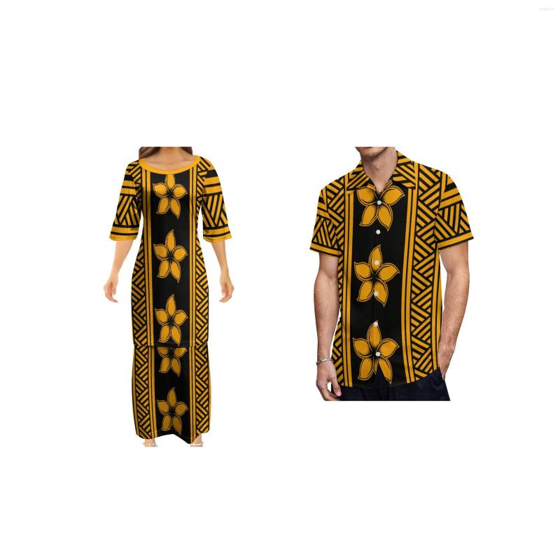 

Party Dresses Samoan Women Polynesian Traditional Tribal Design Dress 2 Piece Set Collocation Men Shirt Sets Of Couples 1 MOQ, Ysfd0650