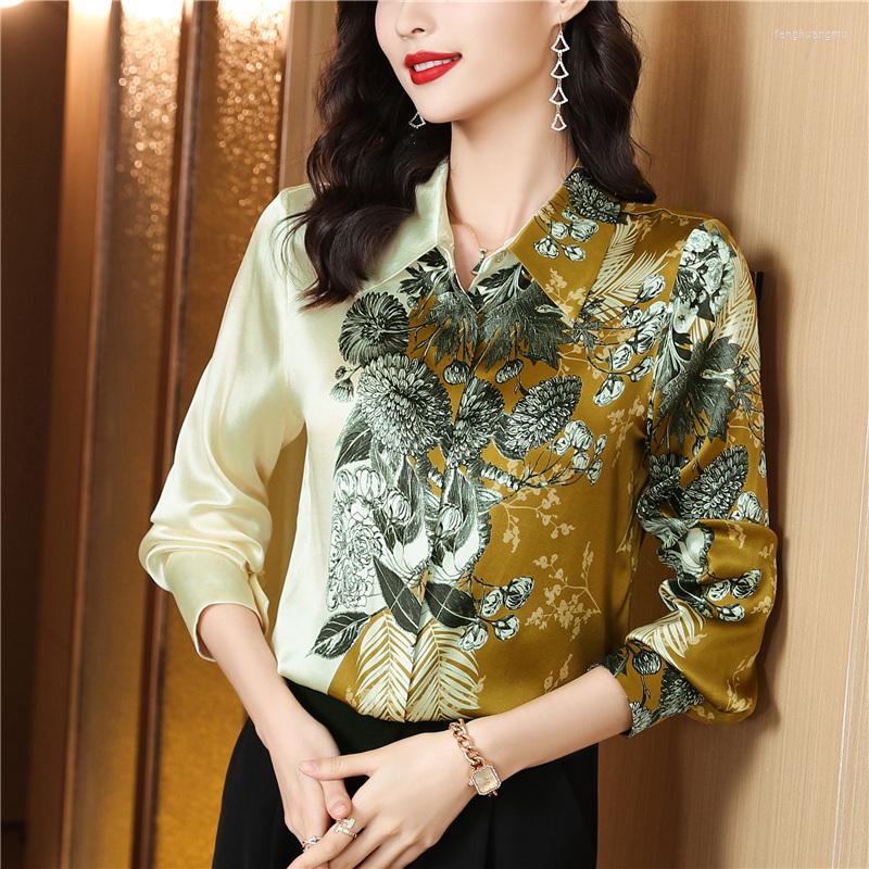 

Women' Blouses Acetate Satin Women Clothing Design 2023 Autumn Polo-neck Shirts Long Sleeve Korean Fashion Office Lady, Green