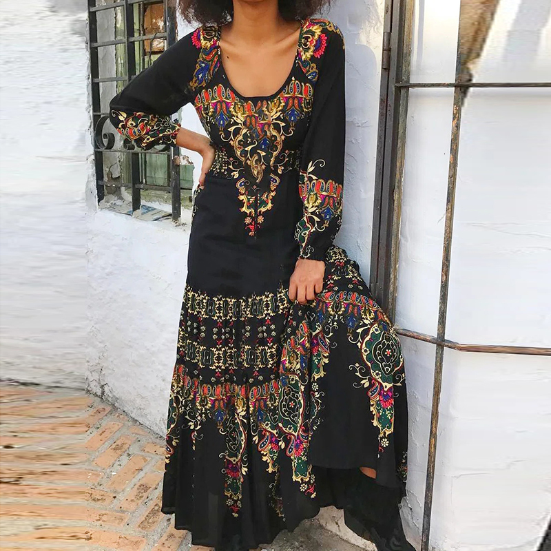 

Casual Dresses Retro Maxi Dress Women Autumn Long Sleeve O Neck High Waist Dress Vintage Floral Print Boho Beach Long Dress Vestidos 230316, Long sleeve 04