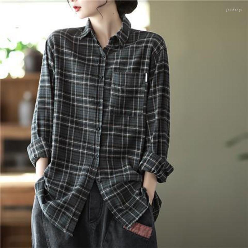 

Women's Blouses 2023 Arrival Autumn Winter Korean Style Women Long Sleeve Turn-down Collar Blouse Casual Plaid Single Breasted Shirts V857, Gray