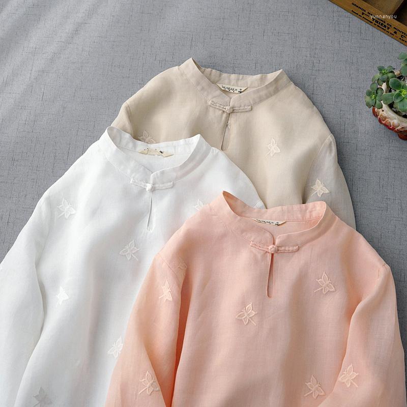 

Women's Blouses Women's Shirt Delicate Butterfly Embroidery Ramie Quarter Sleeve Spring Top Vertical Collar Pullover Thin Blouse, Beige