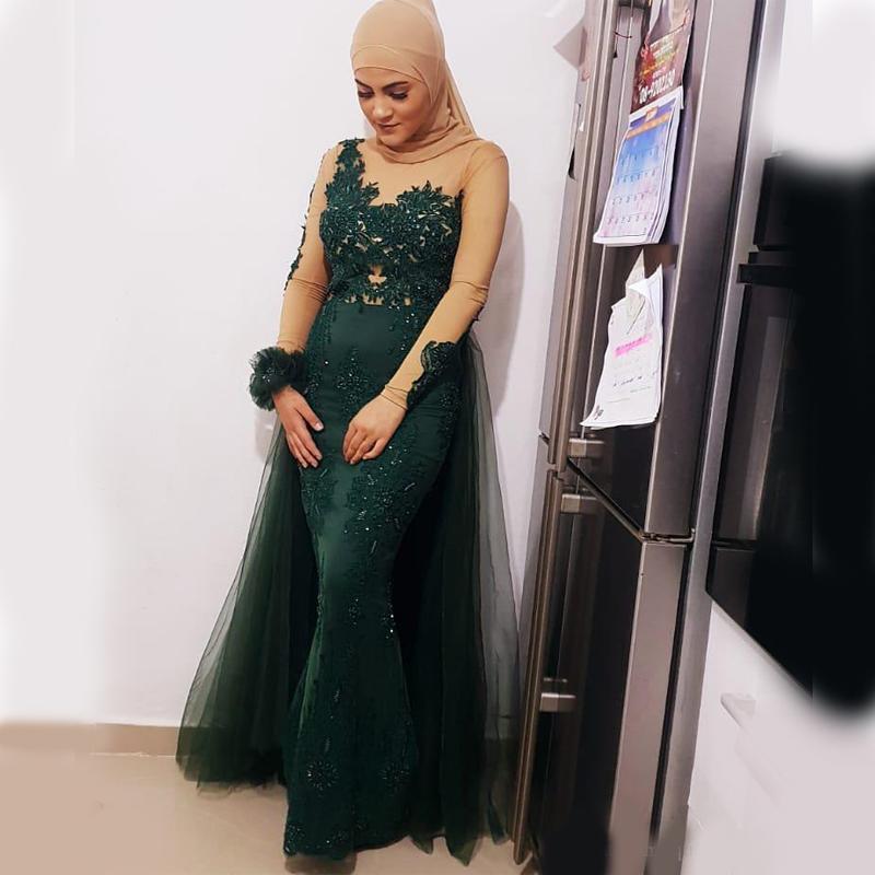 

Party Dresses 2023 Aso Ebi Arabic Evening Lace Applique Long Sleeves Prom Dress With Tulle Gowns, Khaki