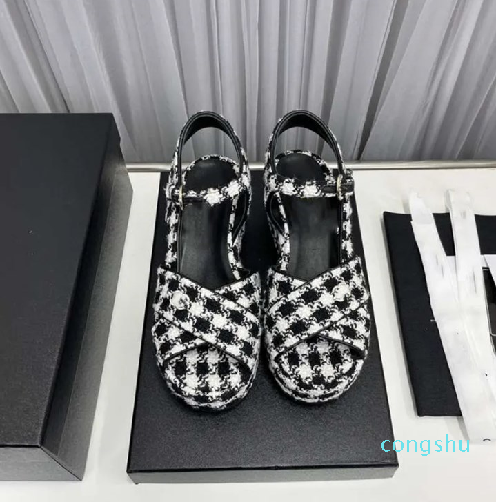 

Summer Women Sandals 2023 Channel Luxury Brand Business Dress Wedding Party Leather High Heels Casual Flat Slippers 07-01