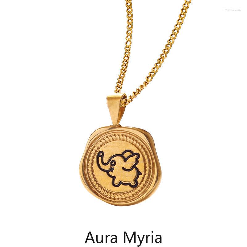 

Pendant Necklaces Stainless Steel Necklace Gold Color Carved Cute Elephant Coin Pendulum Titanium Chokers Femme Collier Good Luck