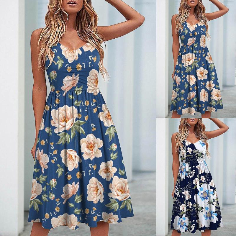 

Casual Dresses 2023 Women Summer Sleeveless Printing Sundress Elegant Party Swing Long Dress Street Style Temperament, Blue