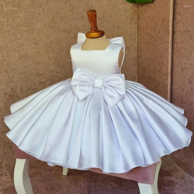 

Girl Dresses White Satin Party Bow Sleeveless Child Wedding Dress Puffy Flower Square Collar Kid