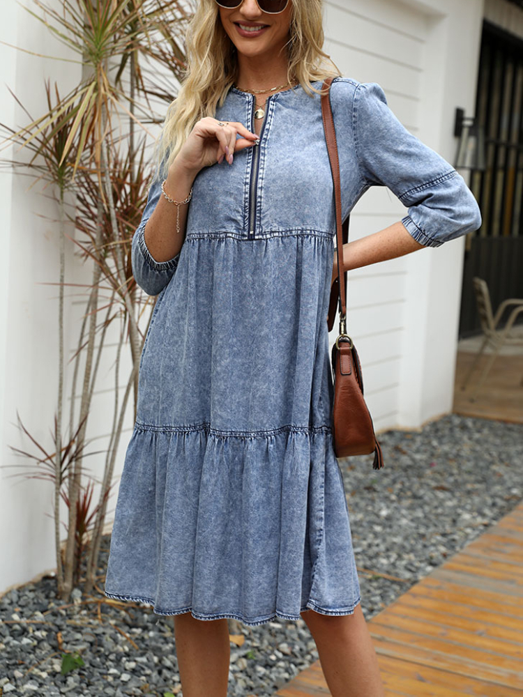 

Casual Dresses Black Women Spring Summer Imitation Denim Vintage Solid Female Fashion Blue Knee Length O Neck Clothes 230317, Light blue