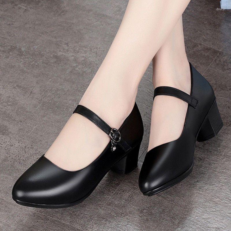 

Dress Shoes Classic Women Mary Jane Black Round Toe High Heel For Office Fashion Ankle Buckle Strap Ladies PU Leather