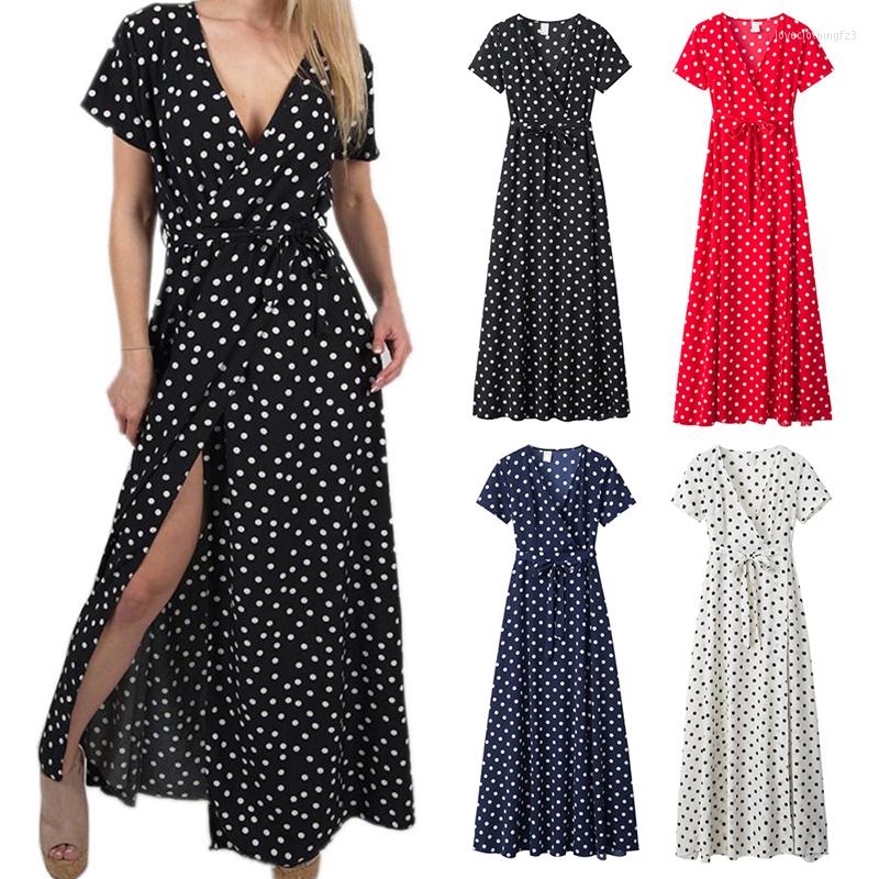 

Party Dresses Split Hem Polka Dot Maxi Dress 2023 Women Summer Bohemian Long Girls Belted Sexy Fashion Short Sleeve V-Neck Sundress, Black