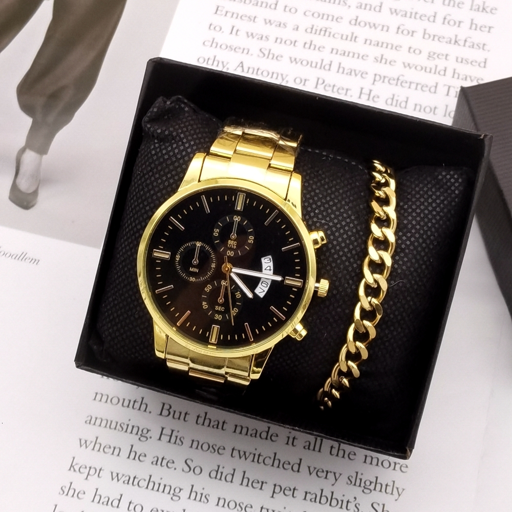 

Wristwatches Men Watches 2pcs Luxury Men's Fashion Business Sport Watch Calendar Quartz Wristwatches Relogio Masculino Cuban Bracelet Set 230316, Black set