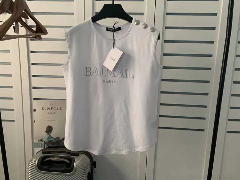 

Designer Luxury Coats Spring and Summer New Bal Sleeveless Hot Shoulder Gold Button Vest Arc Hem Tshirt Women Classic Letter PrintMJBE