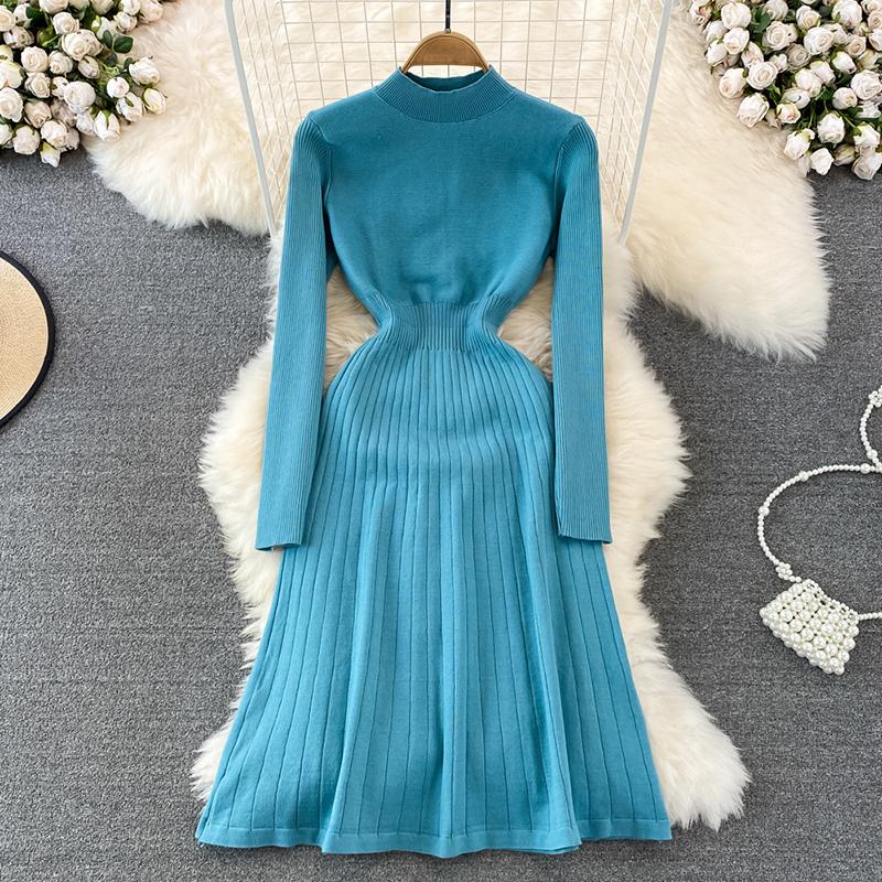 

Casual Dresses Women Stand Collar Waist Slimming A Line Pleated Knitted Dress 2023 Autumn Winter Korean Bottoming Sweater, Apricot