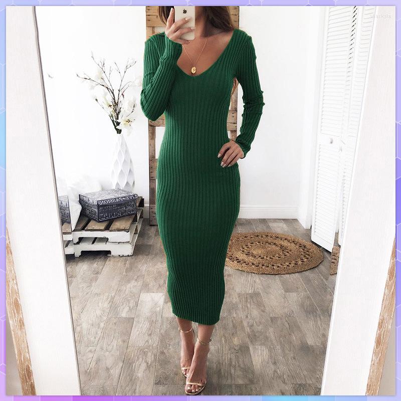 

Casual Dresses Long Sleeve Autumn Midi Dress Basic Pure Ribbed Knitting Sweater Off Shoulder Winter Elegant Backless 2023, Black