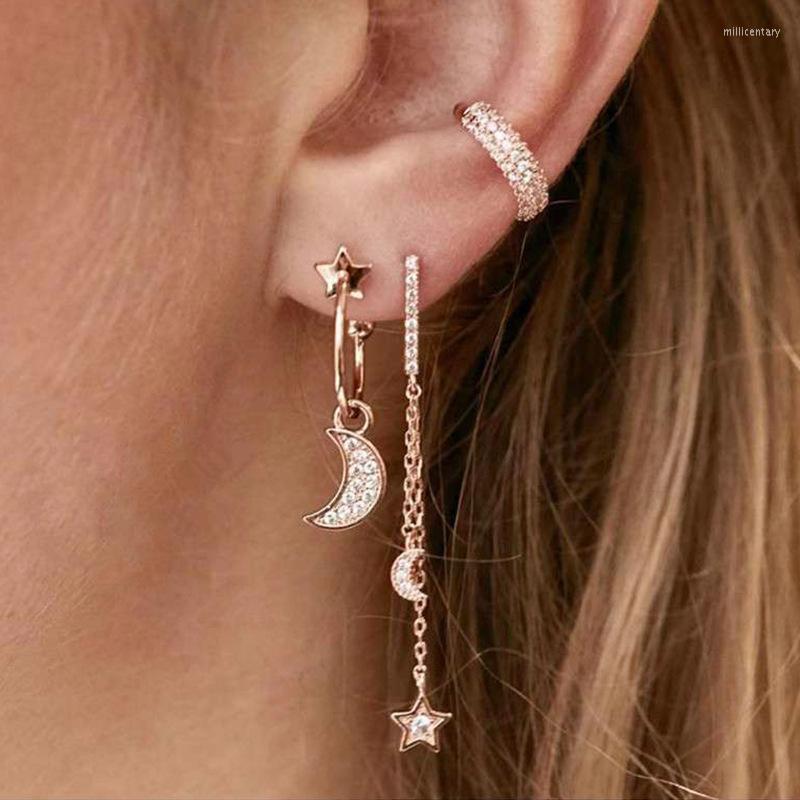 

Backs Earrings 3 Pcs Punk Alloy Star Moon With Crystals Ear Clip Wrap No Piercing-Clip On Cartilage For Women Girls Jewerly