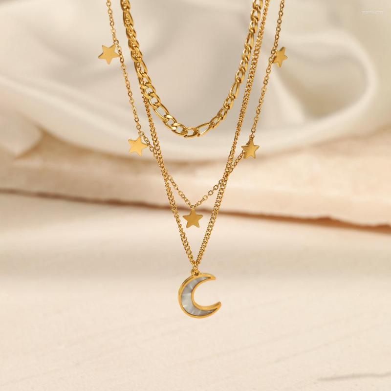 

Choker ANEEBAYH 3 Layers Star Moon Shell Pendant Stainless Steel 14k Gold Color Chain Necklace Waterproof Jewelry Women