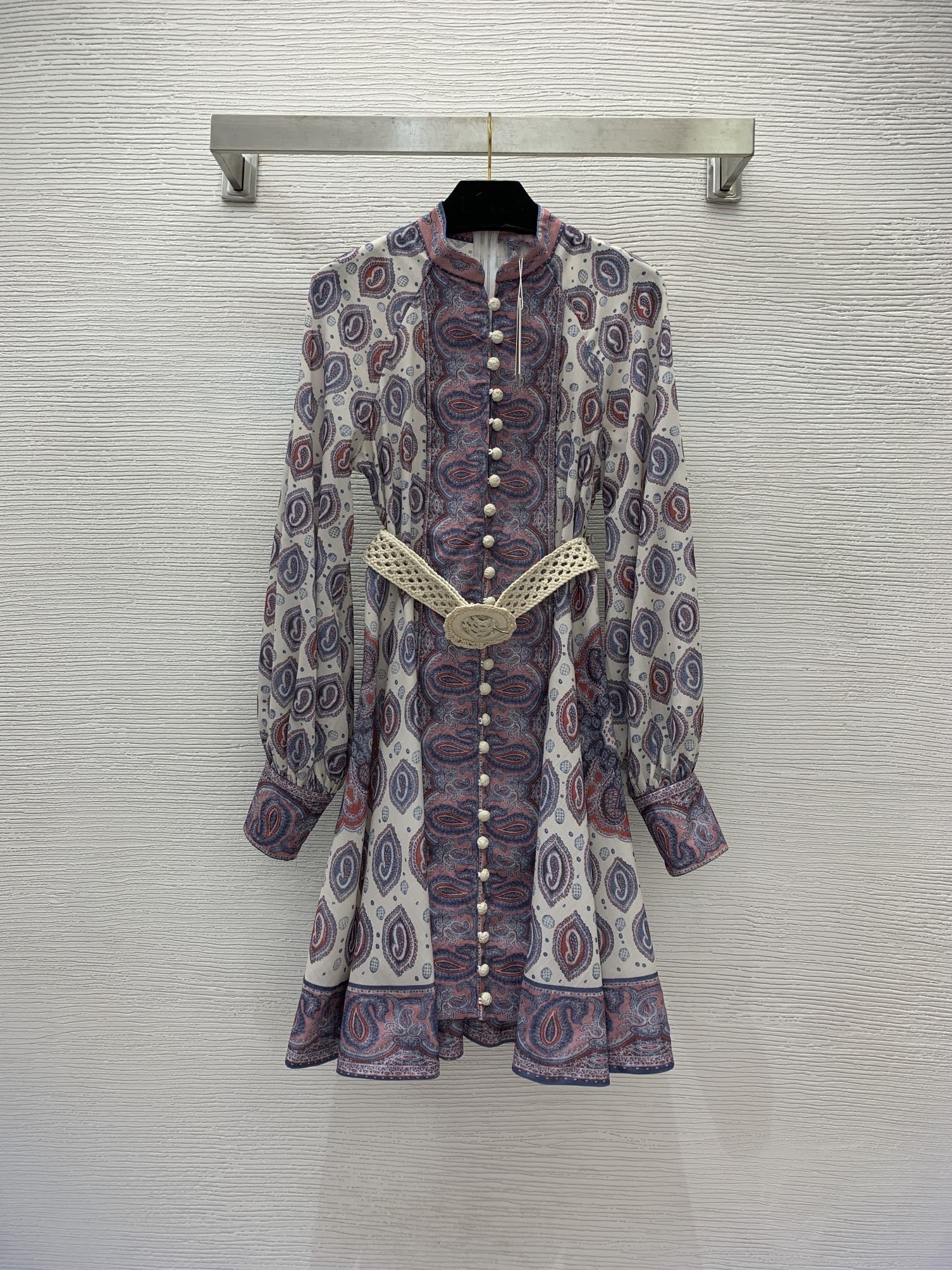 

Runway Dresse 2023 Australian Brand Fashion Retro Print Half Button placket with waistband for a slim stand-up neck long sleeve dress, Multi