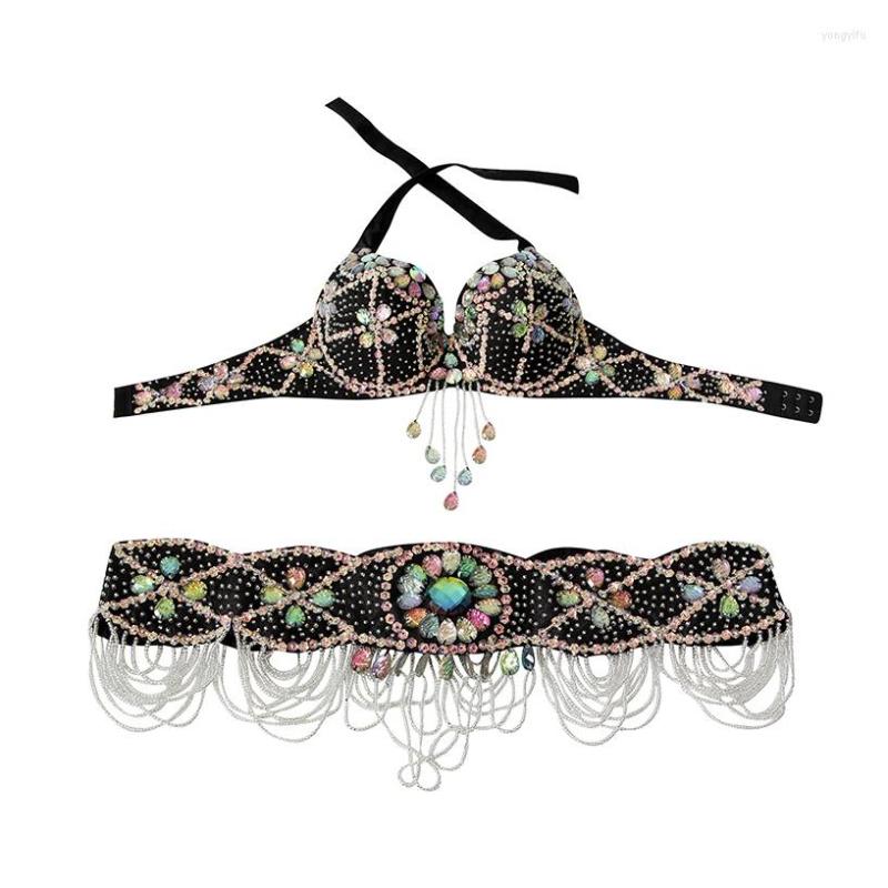 

Stage Wear 2023 Women Dancewear Belly Dancing Clothes Oriental Dance Outfits Performance Beaded Costume Bra And Belt 2 Pieces, Black
