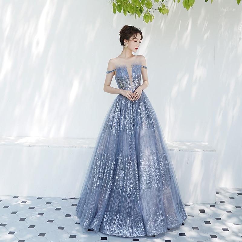 

Casual Dresses Women Vestidos Spring Summer Elegant Sexy Party Fluffy Long Dress Woman 2023 Fashion Ladies Halter Luxury Sequined Mesh, Blue dress