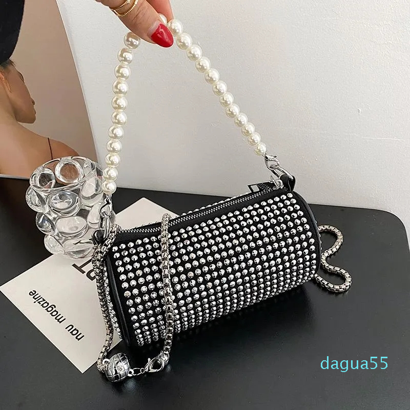 

Evening Bags Fashion Zipper Cylindrical Women Shoulder Bag Trendy Willow Nail Pearl Handbag Ladies Chain Crossbody Designer Messenger, Black