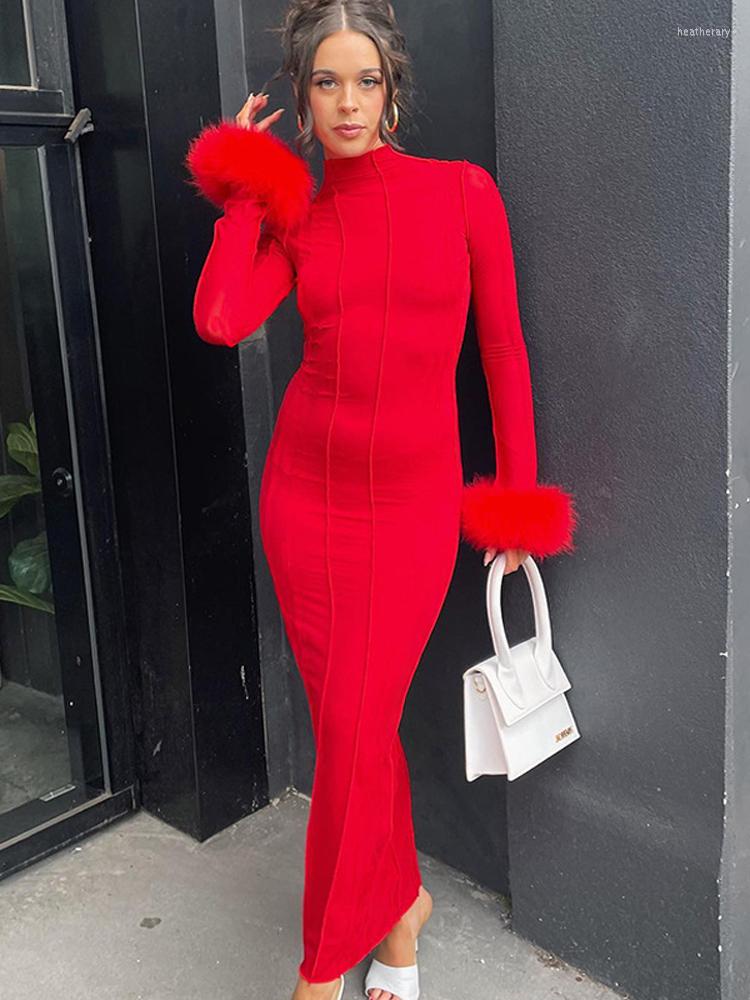 

Casual Dresses Tossy Red Backless Maxi Dress Long Sleeve With Fur Feather Sexy Party For Women Slim Bodycon Vestidos Evening Clubwear