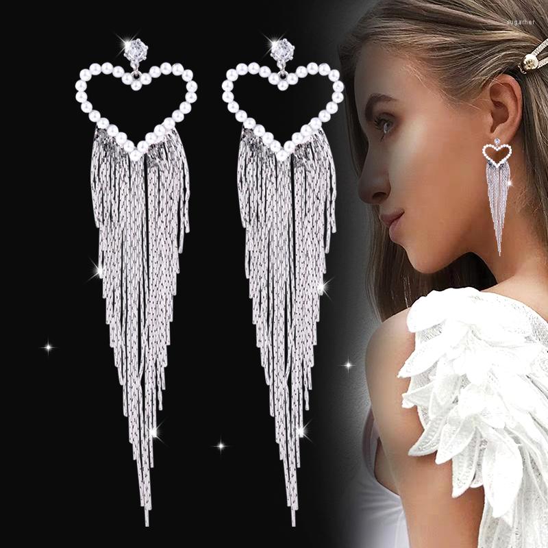 

Dangle Earrings SINLEERY Korean Luxury Gorgeous Round Cubic Zirconia Long Tassels Women Earring Wedding Accessories SSH