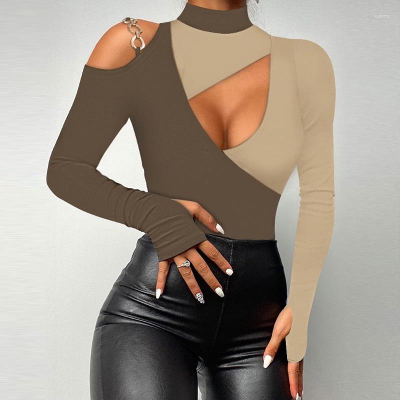 

Women' Blouses Sexy Colour Splicing Slim Top 2023 Fashion Lady Long Sleeve High Collar Shirt Tee Women Fall Chic Hollow Off Shoulder, 01 khaki