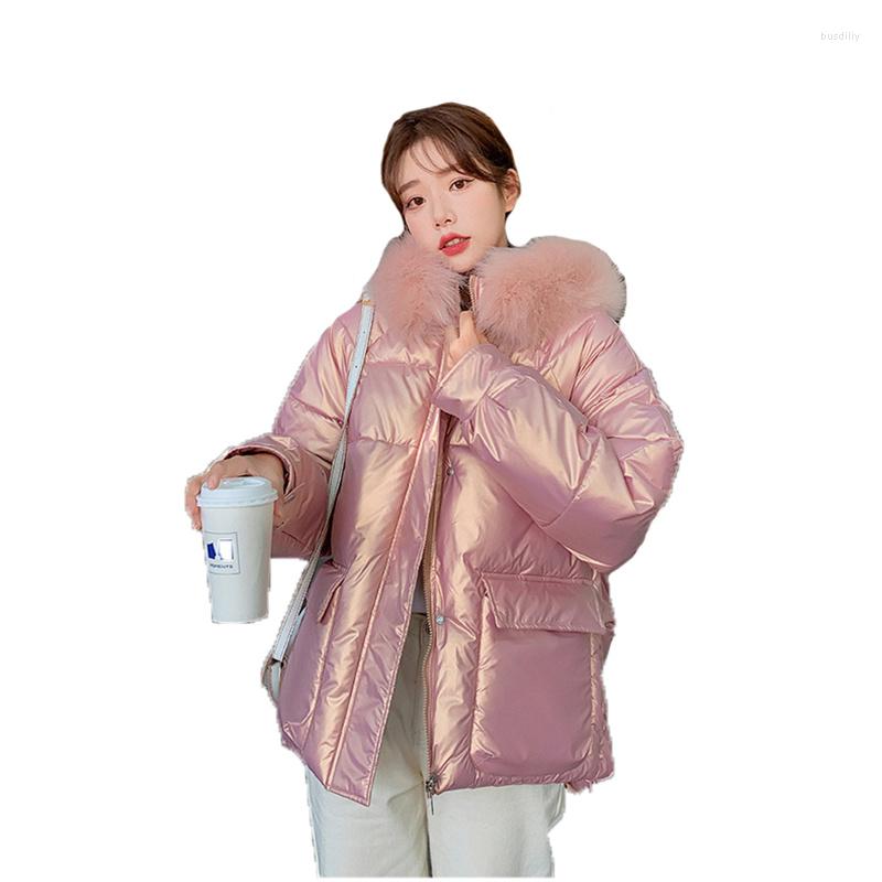 

Women' Trench Coats 2023 Winter Warm Hooded Down Cotton Coat Women Glossy Loose Thickened Parkas Jacket Fashion Fur Collar N1400, White