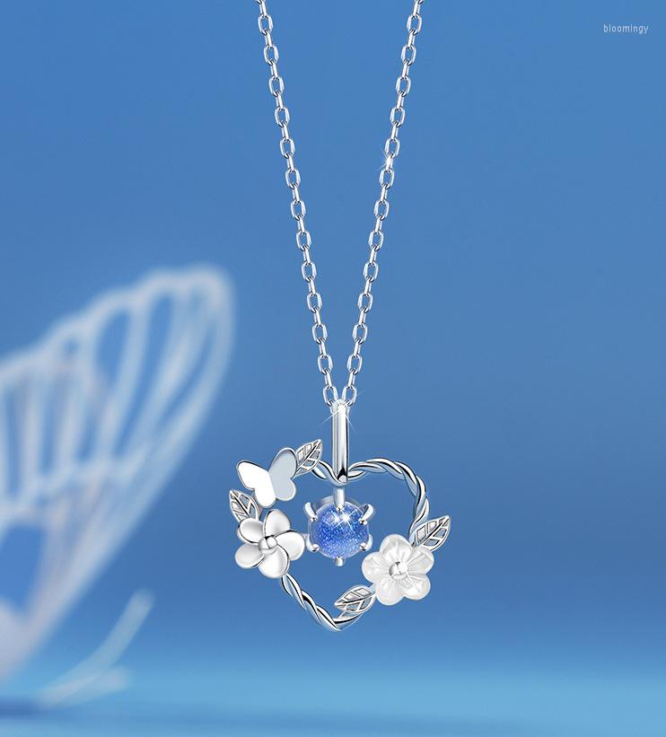 

Chains Silver Plated Love Heart Flower Butterfly Moon Stone Blue Necklace Valentine's Day Gift Couple