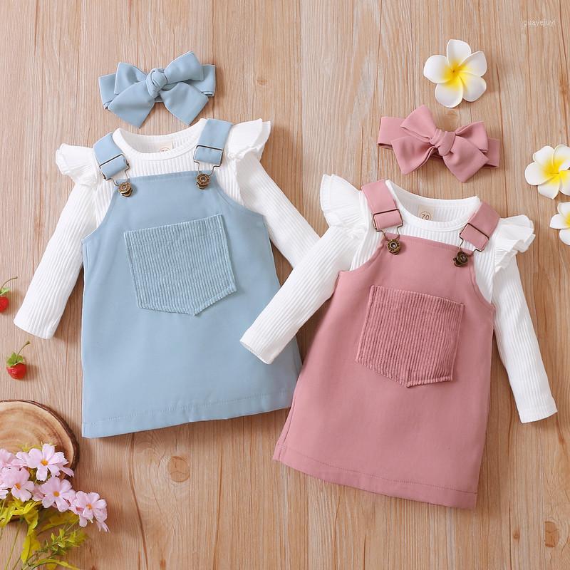 

Clothing Sets Born Baby Girl Bodysuit Set Autumn Winter 2023 Long Sleeve Jumpsuits Front Pocket Suspender Skirt Headwear 0 To 18 Months