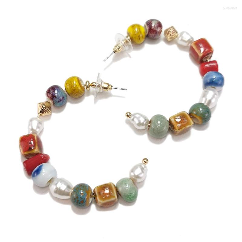 

Hoop Earrings Irregular Stone Beaded C Shape Ceramic Imitation Pearl For Women Charm Jewelry
