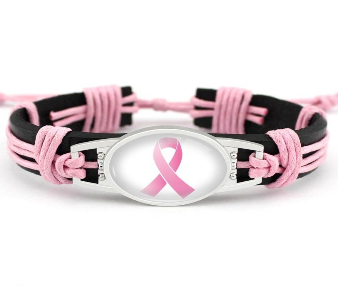 

Fighter Breast Cancer Awareness Pink Ribbon Charm Leather Bracelets Yellow Ribbon Woven Rope Bangle for Women Statement Jewelry Gi6703087