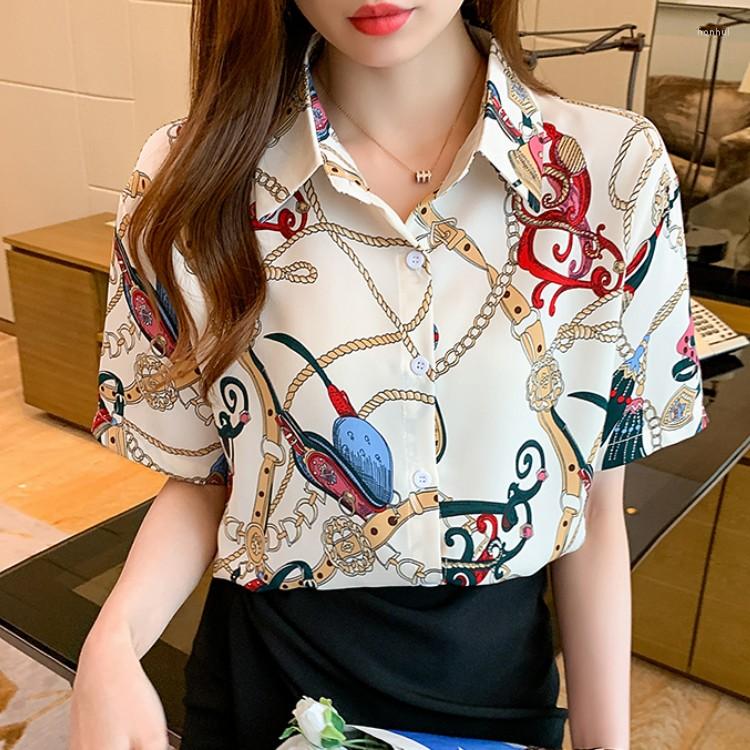 

Women's Blouses Summer Short Sleeve Casual Blouse Women Turn Down Collar Chain Print Chiffon Shirt Tops Blusas Mujer De Moda, Photo color