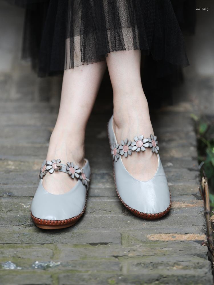 

Slippers Summer Leather Women Flat Shoes Retro Mules Handmade Genuine Ladies 2023 Soft Flower Brand, Olivine