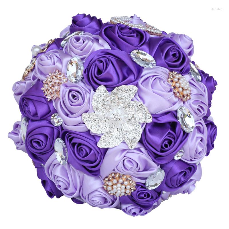

Wedding Flowers Purple Bride Bridesmaid Holding Bouquet DIY Pearl Rhinestone Satin Rose Church Decoration ZS015
