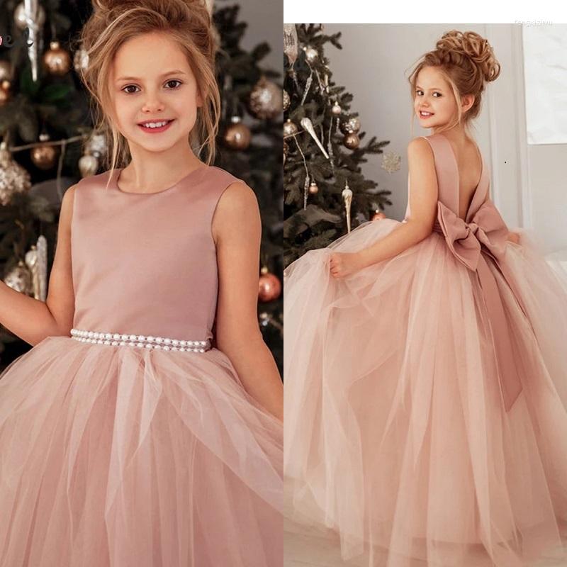 

Girl Dresses Puffy Princess Tulle First Communion Pearls Belt Flower Dress Wedding Party Baby Birthday Dre, Pink