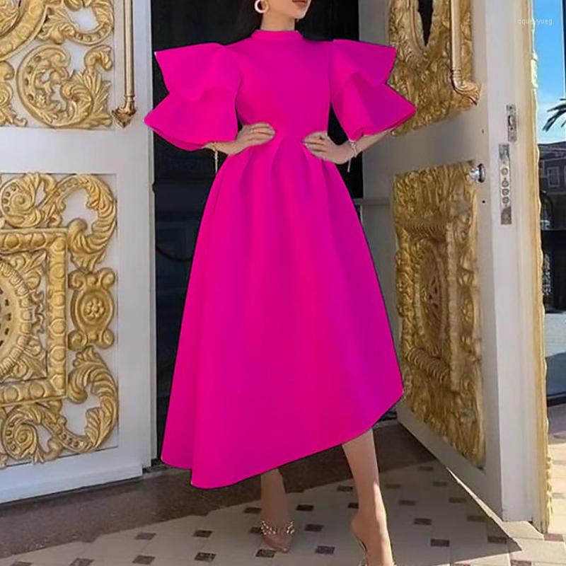 

Party Dresses Woman Ruffle Sleeve Scuba Dress Solid Color O Neck Irregular Casual S-3XL 4Color D230, Orange