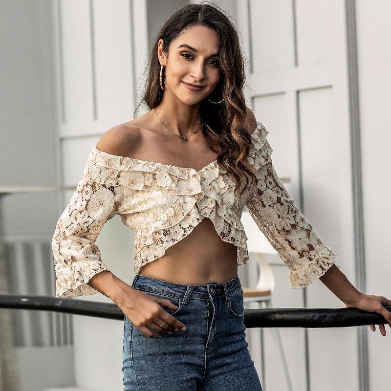 

Women' Blouses Spring And Autumn 2023 Solid Color Lace Slim Short Top, Light yellow